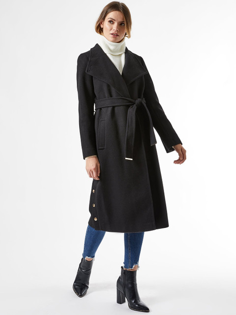 

DOROTHY PERKINS Women Black Solid Longline Wrap Coat