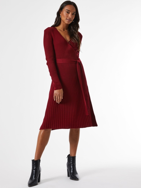 

DOROTHY PERKINS Women Maroon Ribbed Wrap Sweater Dress