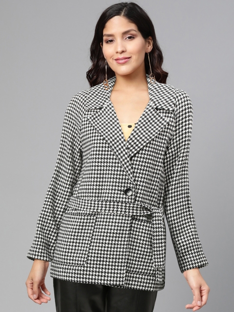 

DOROTHY PERKINS Women Black & White Houndstooth Pattern Wrap Coat