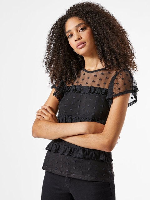 

DOROTHY PERKINS Women Black Net Embroidered Semi-Sheer Top
