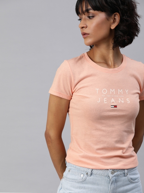 

Tommy Hilfiger Women Peach-Coloured Printed Slim Fit Round Neck T-shirt