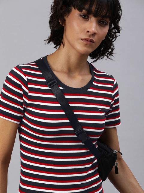 

Tommy Hilfiger Women Red & Navy Blue Striped Round Neck T-shirt
