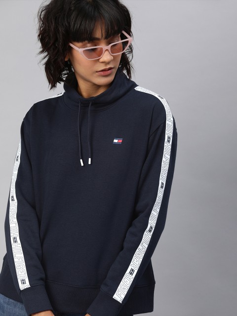 

Tommy Hilfiger Women Navy Blue Solid Sweatshirt with Side Stripes