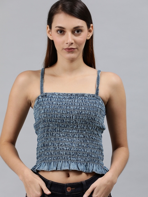 

Tommy Hilfiger Women Blue Solid Smocked Crop Fitted Top