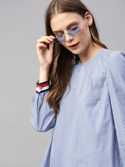 

Tommy Hilfiger Women Blue & White Striped Keyhole Neck Top