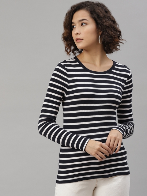 

Tommy Hilfiger Women Black & White Striped Round Neck T-shirt