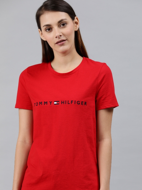 

Tommy Hilfiger Women Red Printed Round Neck T-shirt with Embroidery Detail