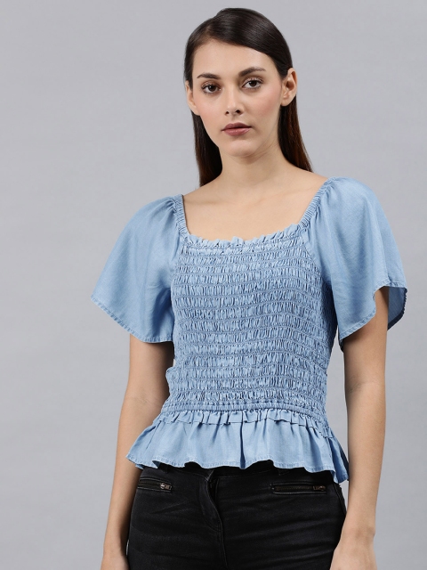 

Tommy Hilfiger Women Blue Solid Smocked Peplum Top