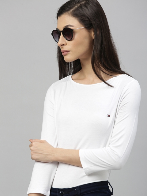 

Tommy Hilfiger Women White Solid Boat Neck T-shirt