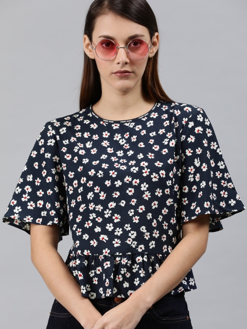 

Tommy Hilfiger Women Navy Blue Floral Printed Peplum Top