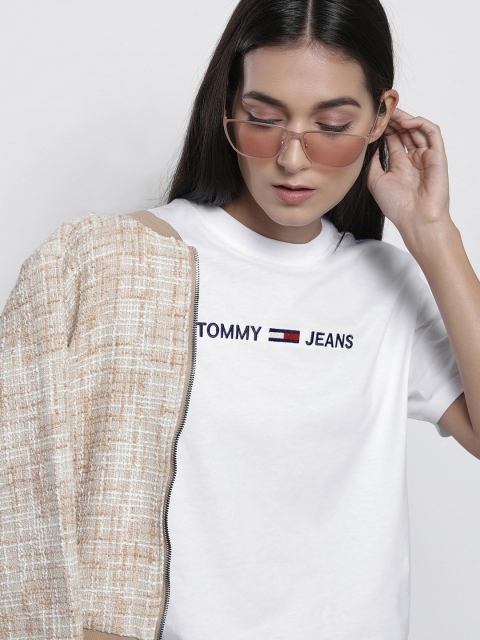 

Tommy Hilfiger Women White Brand Logo Printed Boxy Organic Cotton T-shirt