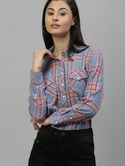 

Tommy Hilfiger Women Blue & Peach-Coloured Regular Fit Checked Casual Shirt