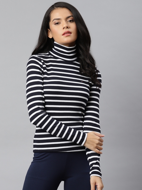 

Tommy Hilfiger Women Navy Blue & White Striped Turtle Neck Slim Fit T-shirt