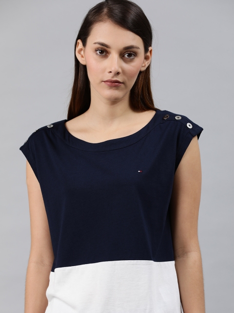 

Tommy Hilfiger Women Navy Blue & White Colourblocked Top