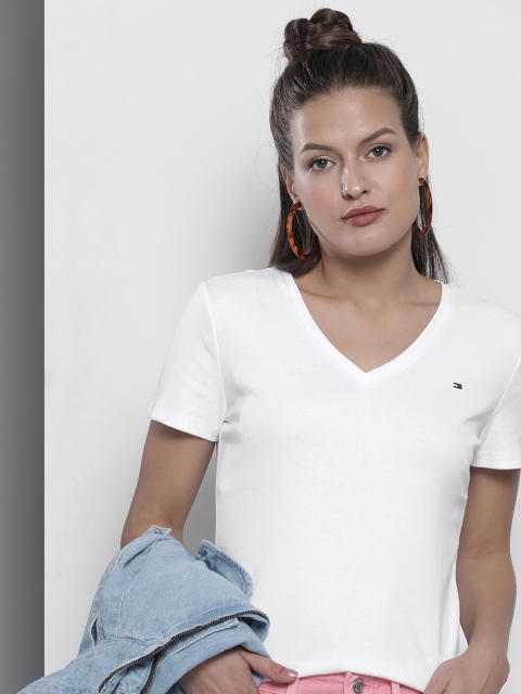 

Tommy Hilfiger Women White V-Neck Pure Cotton Slim Fit T-shirt