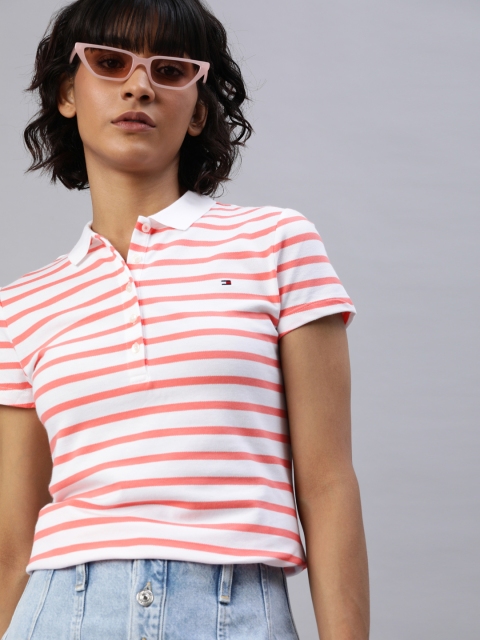 

Tommy Hilfiger Women White & Pink Striped Slim Fit Polo Collar T-shirt