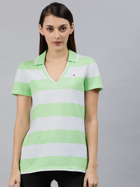 

Tommy Hilfiger Women Green Striped Polo Collar T-shirt