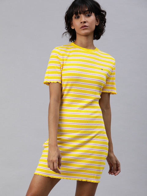 

Tommy Hilfiger Women Yellow & White Striped T-shirt Dress