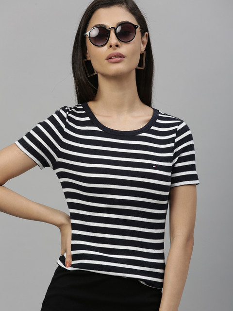 

Tommy Hilfiger Women Navy Blue Striped Round Neck T-shirt