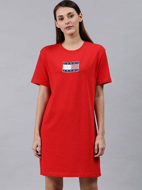 

Tommy Hilfiger Women Red Solid T-shirt Dress with Brand Logo Detailing