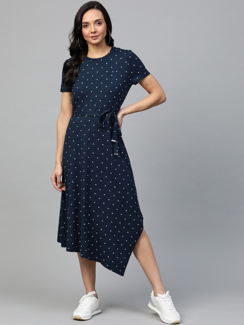 

Tommy Hilfiger Women Navy Blue & White Polka Dot Print A-Line Asymmetric Dress