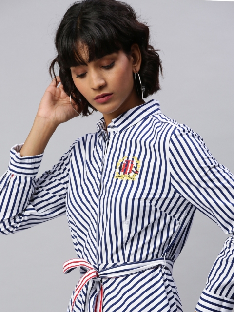 

Tommy Hilfiger Women Navy Blue & White Striped Shirt Dress