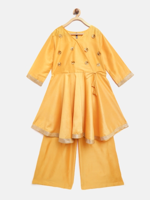 

YK Girls Mustard Yellow & Golden Yoke Design Angrakha Anarkali Kurta with Palazzos