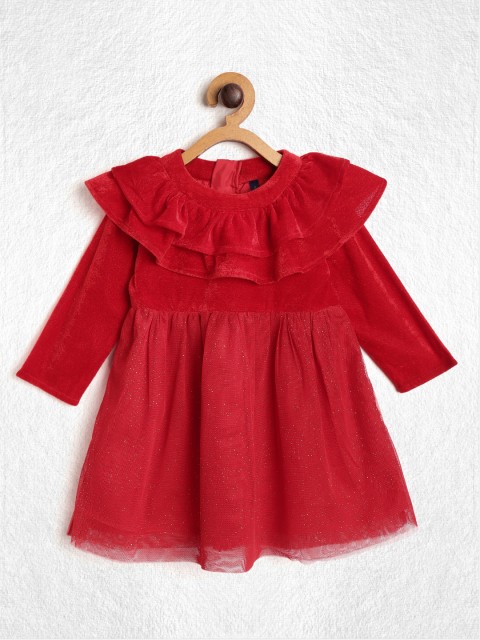 

YK Girls Red Velvet Finish A-Line Dress with Glitter Effect & Ruffle Detail