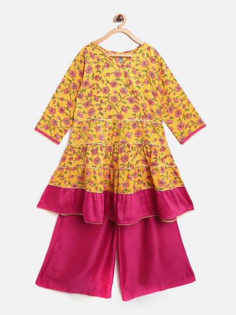 

YK Girls Mustard Yellow & Pink Floral Print Kurta with Palazzos
