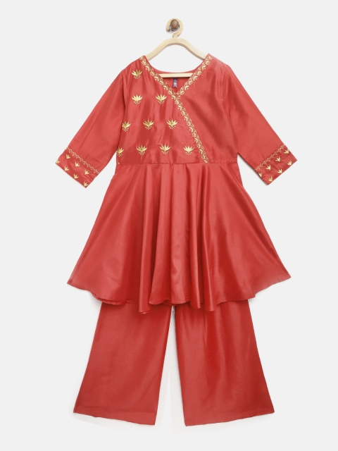

YK Girls Red & Golden Embroidered Angrakha Anarkali Kurta with Palazzos