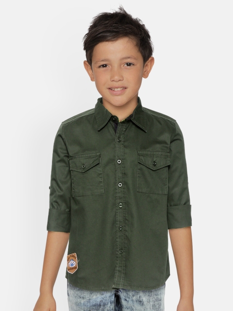 

YK Boys Olive Green Regular Fit Solid Pure Cotton Casual Shirt with Applique Detail