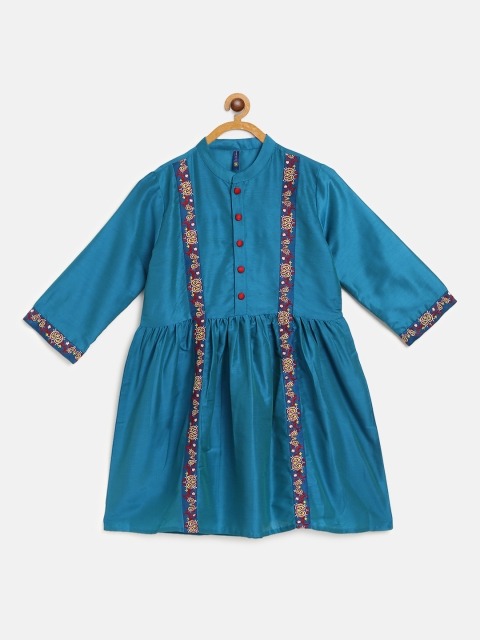 

YK Girls Teal Blue Embroidered Taping Detail A-Line Kurta