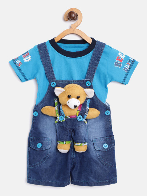 

YK Boys Blue Solid T-shirt with Denim Dungarees & Teddy Bear