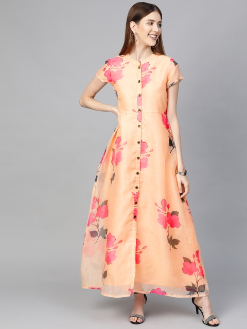 

AKS Women Peach-Coloured & Pink Floral Print Maxi Dress