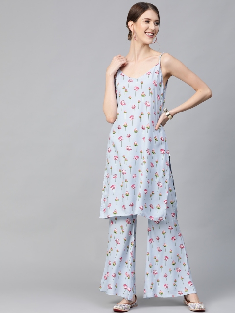 

AKS Women Blue & Pink Floral Screen Print Kurta with Palazzos