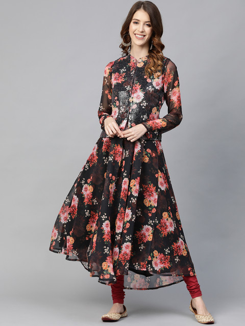 

AKS Women Black & Pink Floral Print Anarkali Kurta With Ethnic Jacket