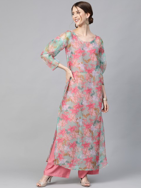 

AKS Women Pink & Green Floral Screen Print Kurta with Solid Palazzos