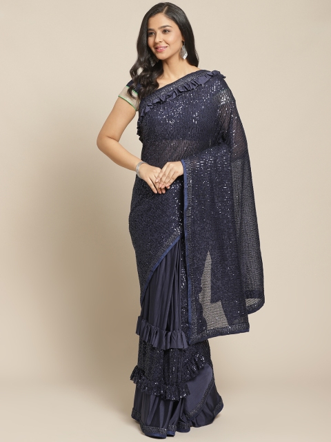 

Chhabra 555 Navy Blue Sequinned Ruffled Saree