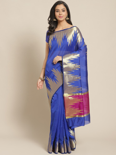 

Chhabra 555 Blue & Golden Solid Banarasi Handloom Saree
