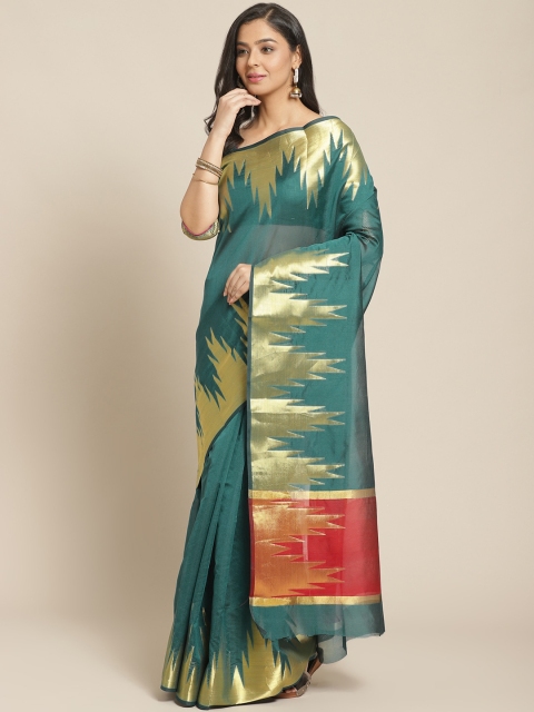 

Chhabra 555 Teal Green & Golden Solid Banarasi Handloom Saree