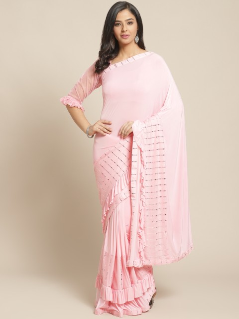 

Chhabra 555 Pink & Silver Embellished Ruffle Saree