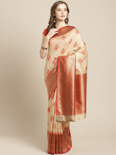 

Chhabra 555 Beige & Red Handloom Woven Design Banarasi Saree