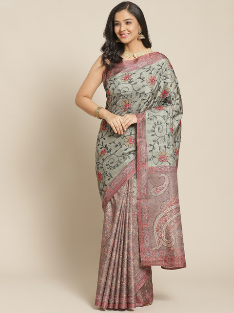 

Chhabra 555 Olive Green & Taupe Kalamkari Printed & Kantha Embroidered Detail Bagh Saree