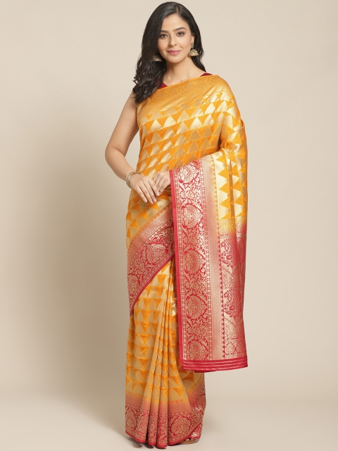 

Chhabra 555 Mustard Yellow & Red Handloom Woven Design Banarasi Saree