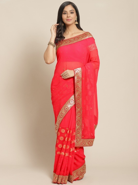 

Chhabra 555 Coral Red & Golden Woven Design Banarasi Saree