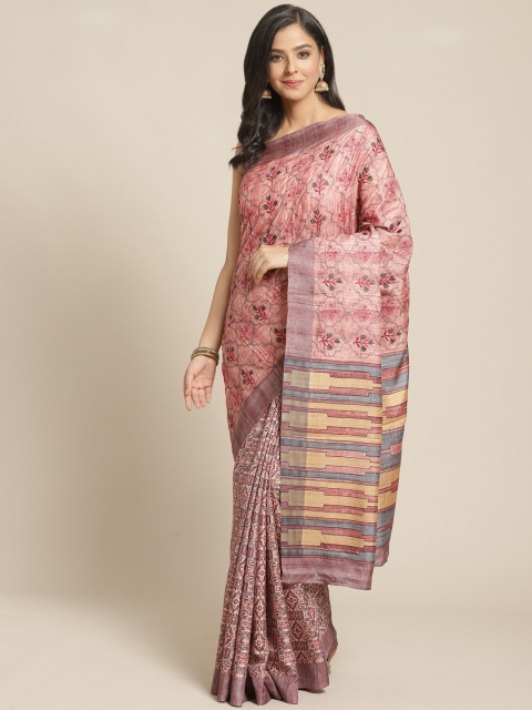 

Chhabra 555 Pink & Green Kalamkari Printed & Kantha Embroidered Detail Handloom Bagh Saree