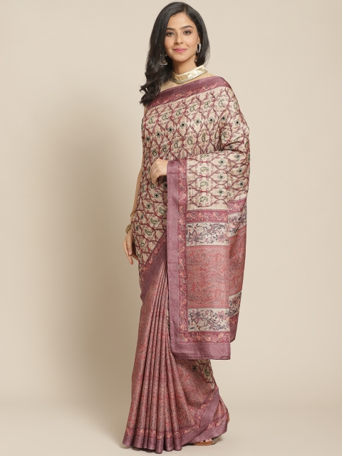 

Chhabra 555 Beige & Pink Kantha Embroidered Handloom Bagh Saree