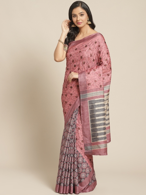 

Chhabra 555 Pink & Black Kantha Embroidered Handloom Bagh Saree