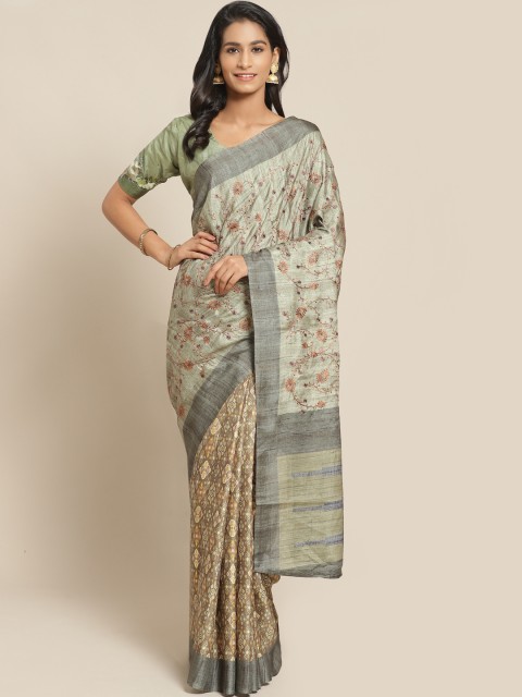 

Chhabra 555 Green & Beige Kantha Embroidered Handloom Ikat Printed Bagh Saree