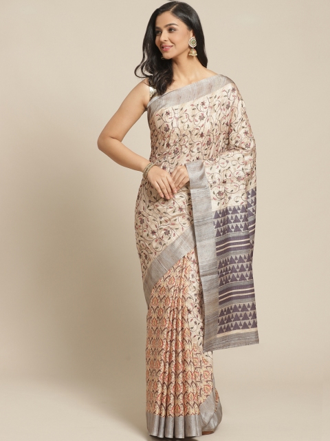 

Chhabra 555 Beige & Olive Kalamkari Printed & Kantha Embroidered Handloom Bagh Saree